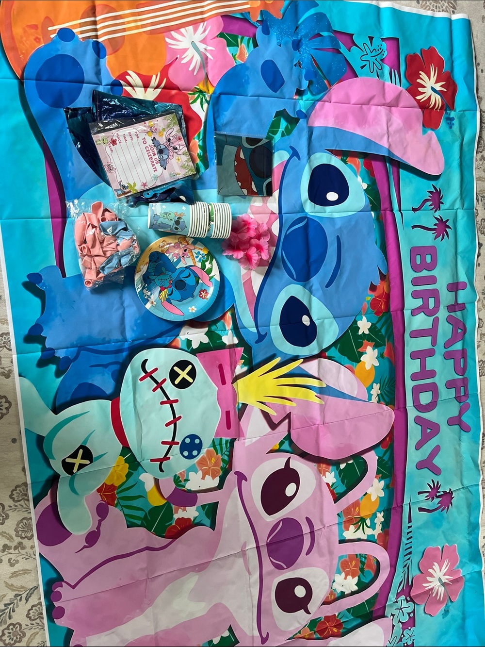 Lilo & Stitch Kids Birthday Backdrop - Blue & Pink